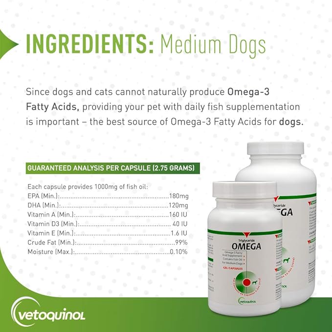 Vetoquinol Triglyceride Omega Dog Supplement Capsules, Medium-Breed: 30-60 lbs, 250ct