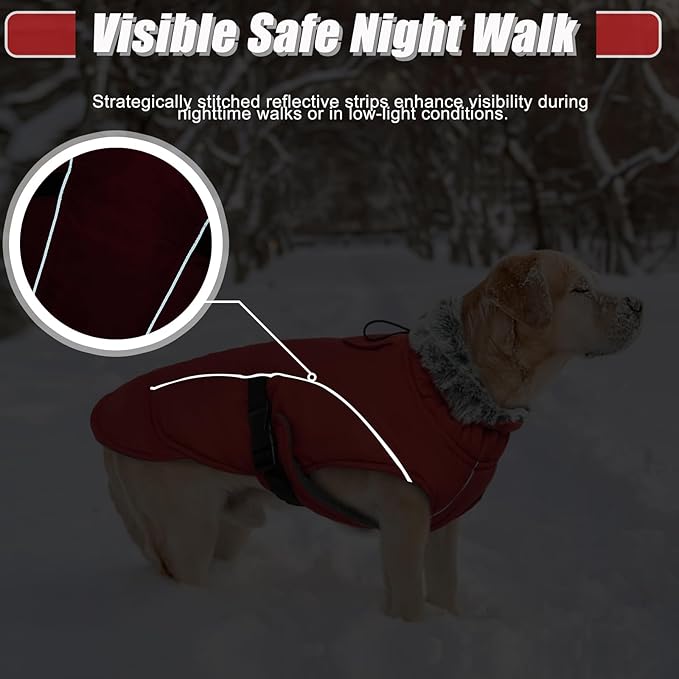 DENTRUN Winter Warm Dog Coat Reflective Jacket with Turtleneck for Cold Weather, Adjustable Buckle Windproof Water Repellent, Thick Snowsuit Fleece Vest for Small, Medium, Large Dogs, Red, XXXL
