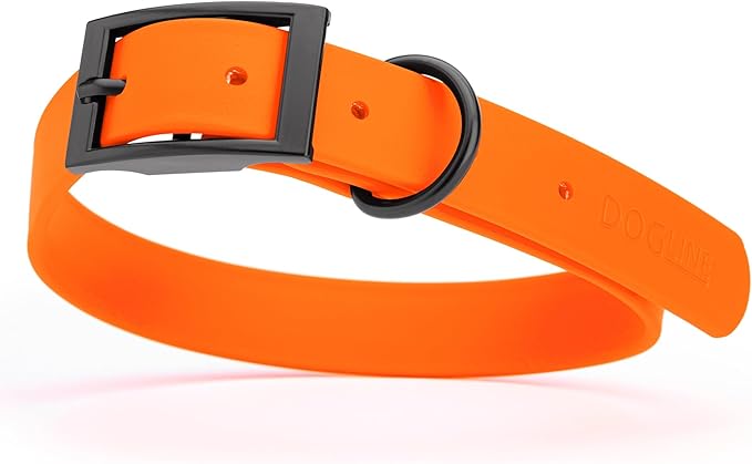 Dogline Biothane Coated Webbing Dog Collar with Black Metal Hardware: Durable Easy-Clean Everyday Collar for Dogs - Comfortable Adjustable Odor-Resistant Pet Collar, W1 x L22-25", Hunter Orange