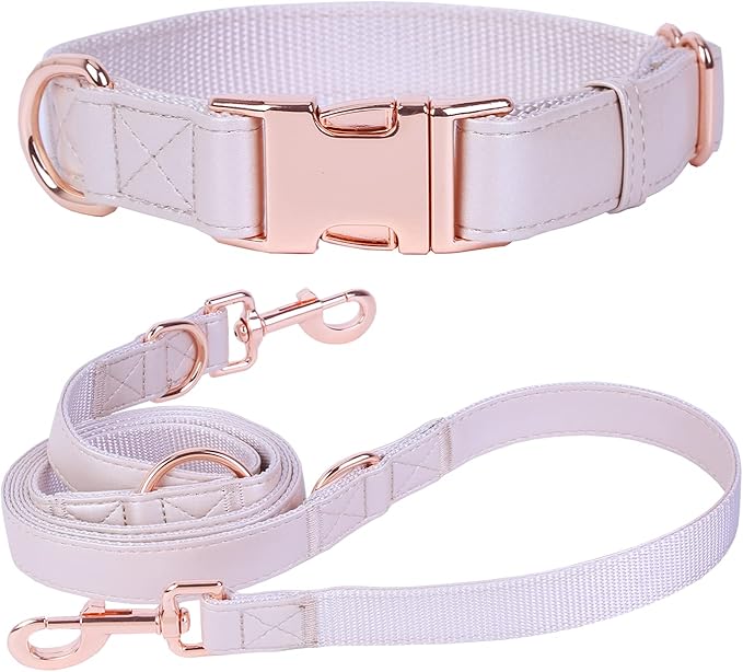 Soft Leather Dog Collar and Leash (6.6') Set - Stylish Rose Gold Heavy Duty Metal Buckle, 4 Adjustable Lengths Leash for Small Medium Large Dogs - Comfortable & Easy to Clean L(15.4"-24.8"), Gold Pink