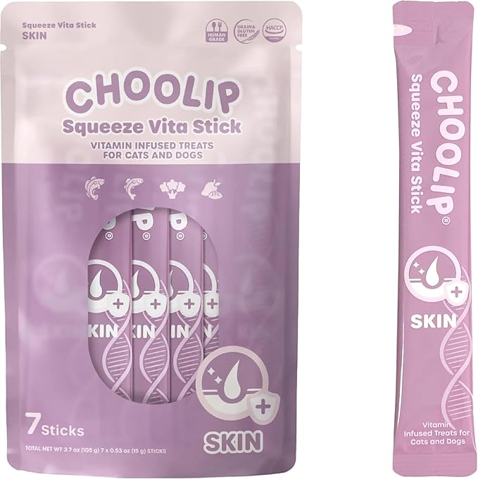 Choolip Squeeze Vita Stick Lickable Cat Treats & Dog Puree – 7-Count Skin & Coat Support Tubes, Creamy Grain-Free High-Protein Puree with Omega 3, Biotin & Vitamins for Healthy Fur & Skin