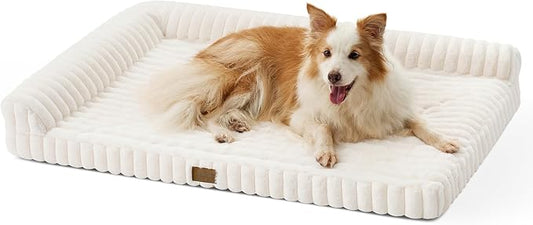 Cute Dog Bed, Faux Fur Orthopedic Foam Dog Bed with Sides, Removable Washable Cover & Waterproof Lining, Comfortable Pet Couch for Large Dogs, Cream (44" L x 32" W x 7" Th)