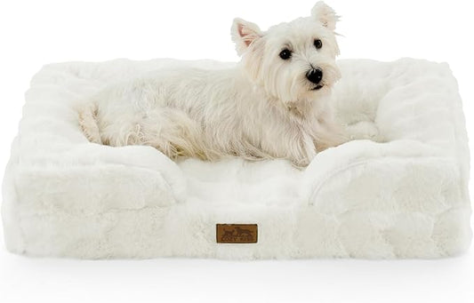 Orthopedic Dog Bed for Medium Small Size Dog, Faux Fur Pet Sofa, Foam Bolster Couch with Waterproof Lining Cover, Anti-Slip, Soft, Warm, Washable, C-Shaped, 30x20x6.5 inch, Beige