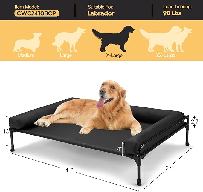 Veehoo Elevated Raised Dog Bed-Cooling Outdoor Dog Cot Bed for Large Sized Dogs Three-Sided Fence Raised Pet Cot with Mesh & No-Slip Feet Dog Hammock Bed with Removable Bolster-41 x 27" Black