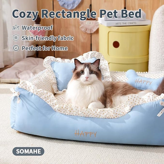 Cat Bed Rectangle Pet Bed Gift for Puppy and Kitten Machine Washable Calming Fluffy Pet Couch Sofa for Indoor Outdoor Portable Soft Cat Beds with Non-Slip Bottom 24×18×9inch Blue