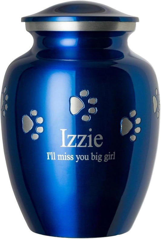 Pet Urn for Dogs and Cats with Personalized Laser Engraving, Ottillie Paws Premier Series Memorial Urns (Large Sapphire Blue with Horizontal Pewter Paws)