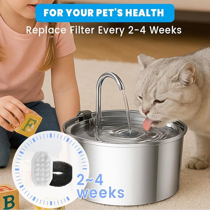 24 PCS Cat Water Fountain Filter for 108oz/3.2L Stainless Steel Dispensers – 12 Pack Replacement Filters for Pet Fountains – 12 Carbon + 12 Sponge – Improves Water Quality & Reduces Odors