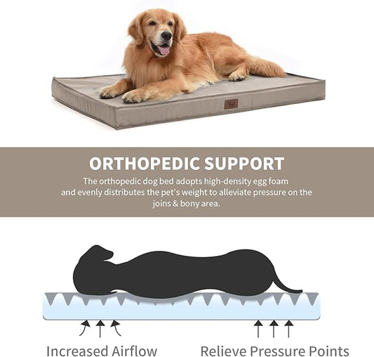 Outdoor All Weather XL Dog Bed, Waterproof Pet Bed for Extra Large Dogs, Orthopedic Egg Crate Foam with Removable Washable Oxford Cooling Cover, 44x32 Inch, Khaki