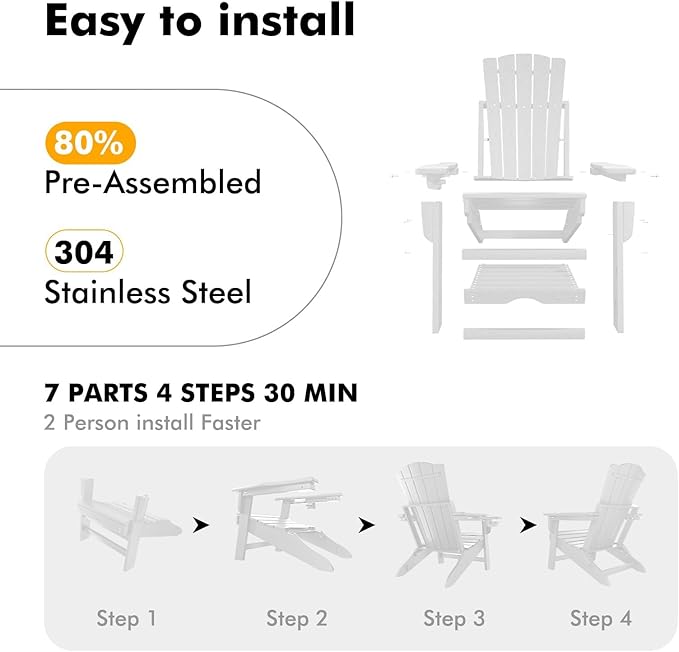Folding Adirondack Chair with Retractable Ottoman Set of 2, All Weather Fire Pit Chairs with Cup Holder, Outdoor Chair with Ottoman,White