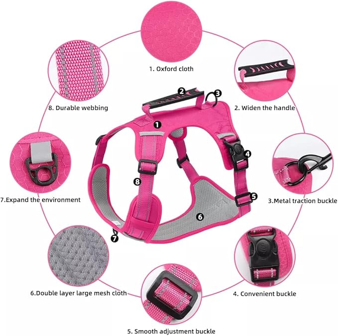 Dog Harness No Pull Adjustable Reflective,for Medium and Large Small Dog with Leash 59.06in (Fuscia, S)