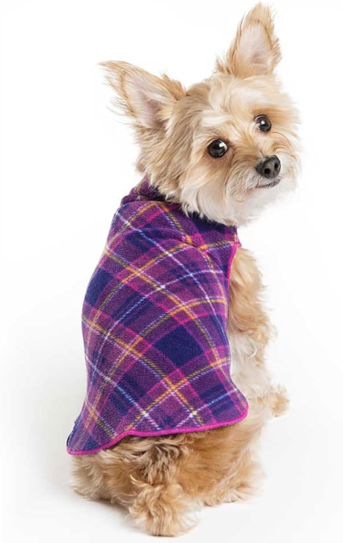 Goldpaw Stretchy Fleece Jacket for Small Dogs - Super Soft, Warm Dog Sweater - Pet Sweater Vest for Fall and Winter - Canine Clothes Made in The USA - Machine Washable - Mulberry Plaid - Size 20