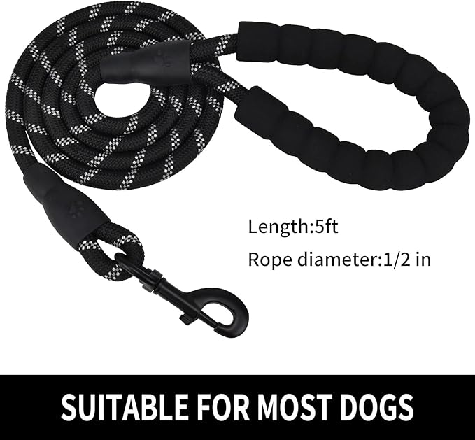 5/6 FT Strong Pet Dog Leash with Soft Padded Handle,Highly Reflective Rope for Night Walking,360-Degree Rotating Metal Buckle Without Tangles,Suitable for Small,Medium and Large Dogs.(5ft)