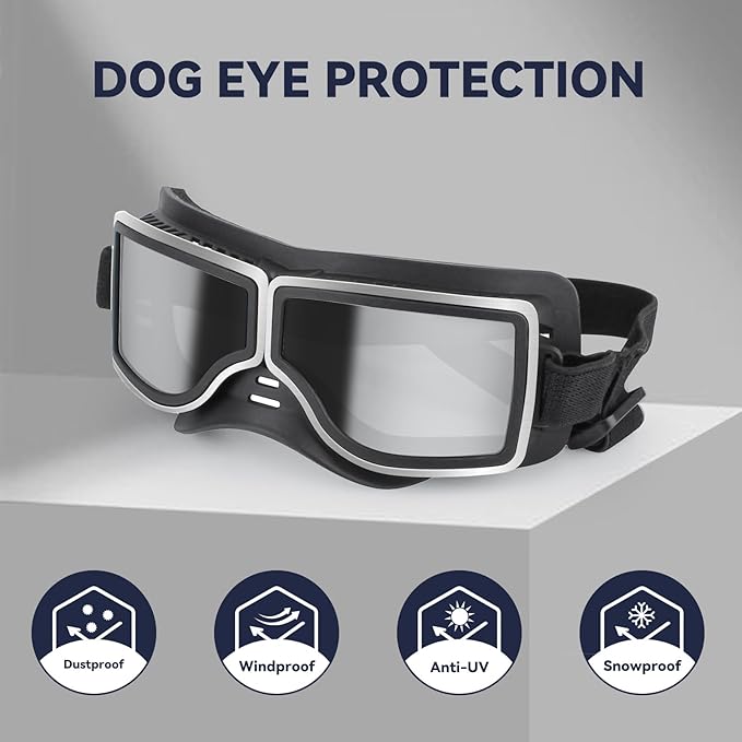 PETLESO Dog Goggles Medium Large Breed, UV400 Dog Sunglasses for Pet Outdoor Riding Driving Hiking, Windproof Snowproof Eyes Protection, Breathable Frame Adjustable Strap, Black