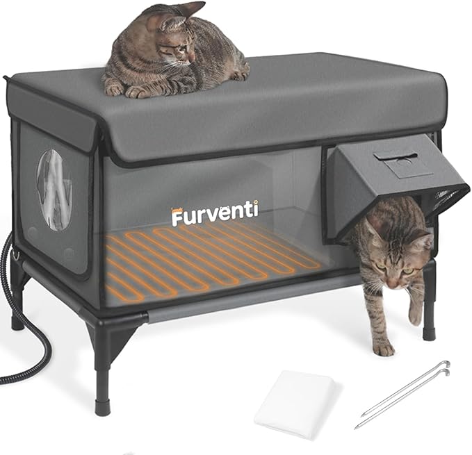 Heated Cat House for Outside,Dual Camera Mounts,100% Weatherproof & Extremely Insulated,Elevated Feral Cat Shelter with Escape Door,Waterproof Eaves for Outdoor Stray Barn Cat(Grey, XL)