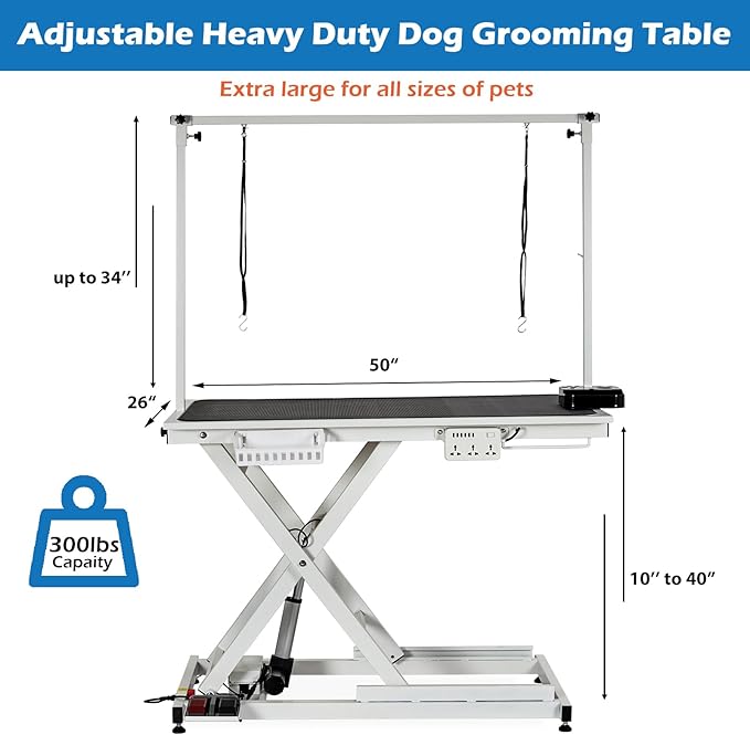 50" Large Dog Grooming Table, Heavy Duty Hydraulic Lift Dog Grooming Table with Aluminium Overhead Arm, Anti Slip Tabletop, 6 Usb Ports for Home and Salon, Maximum Capacity Up to 300Lb, White