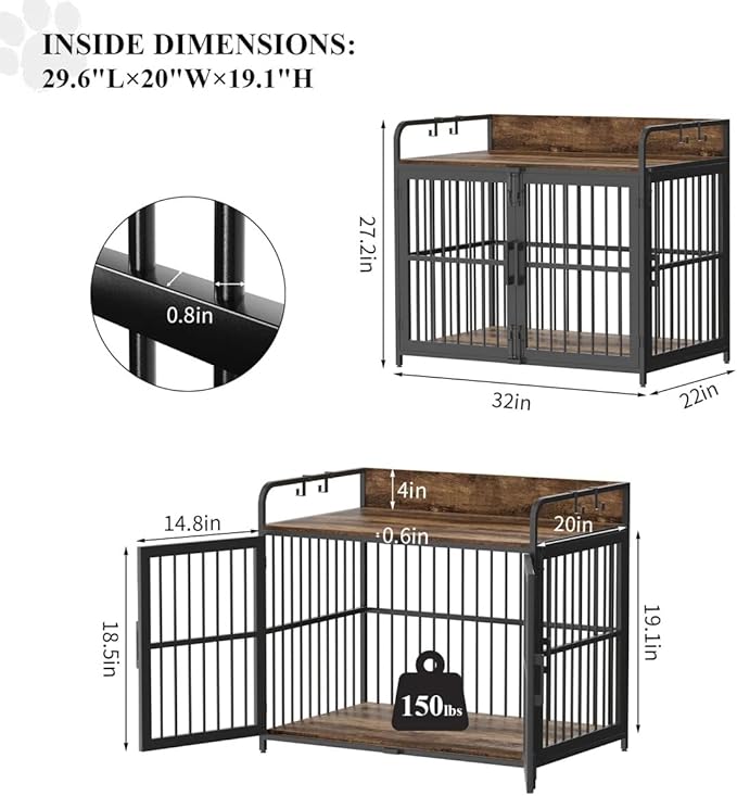 Dog Crate Furniture, 32" Side End Table, Modern Kennel for Dogs Indoor up to 150 lb, Heavy-Duty Dog Cage with Enclosed Base, Double-Door Dog House for Puppies or Medium Dogs