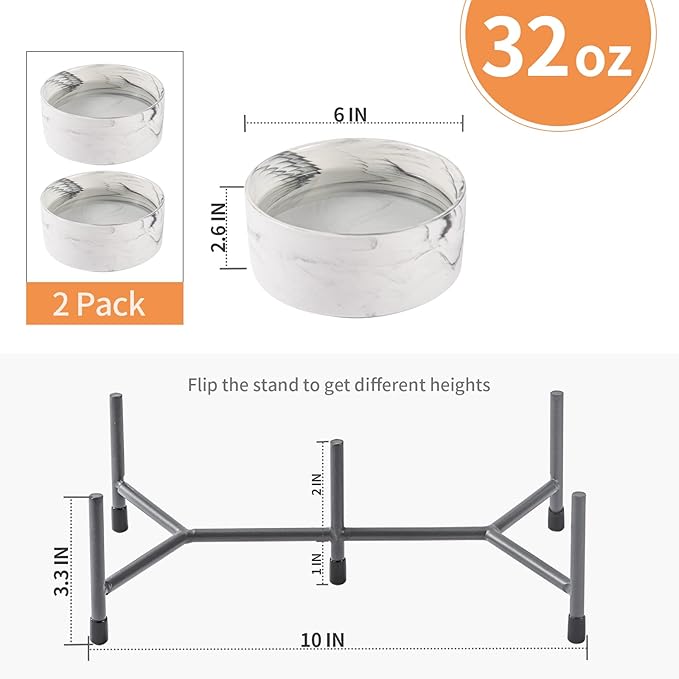 6 Inch Raised Ceramic Dog and Cat Bowl with Iron Stand, 32 OZ Modern Elevated Food and Water Bowls for Cats & Dogs, No Spill Porcelain Pet Feeder, Set of 2