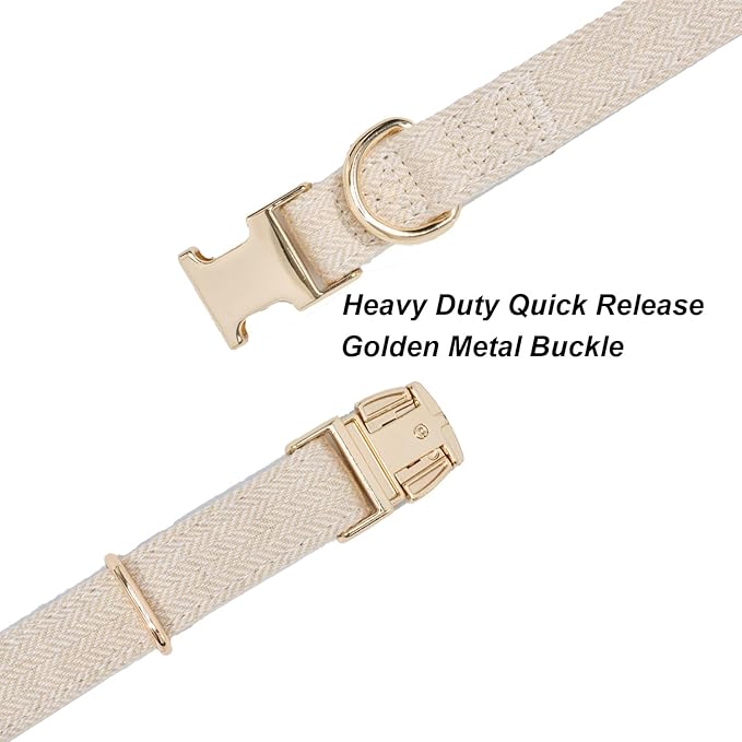 Soft Hemp Dog Collar and Leash Set Adjustable Woven Tweed Dog Collars with Metal Buckle and Lead for Small Medium Large Dogs,Beige