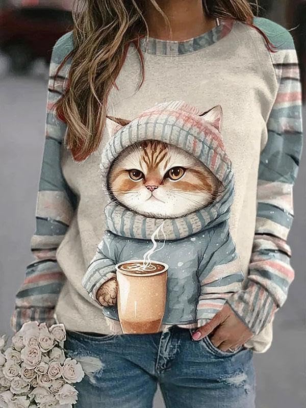 IVERIRMIN Womens 3D Cat Crewneck Sweatshirts Casual Cute Long Sleeve Shirts Pullover Tops Graphic Loose Fit Sweater for Women