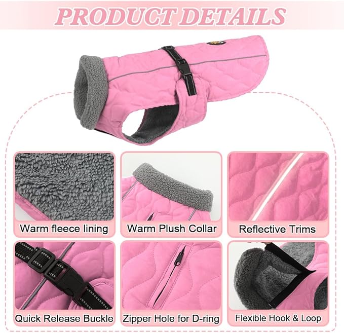 Dog Coats for Cold Weather, Fleece Lining Small/Medium/Large Dog Jackets for Winter, Reflective Adjustable Doggie Winter Clothes for X-Large Dogs, Pink XL