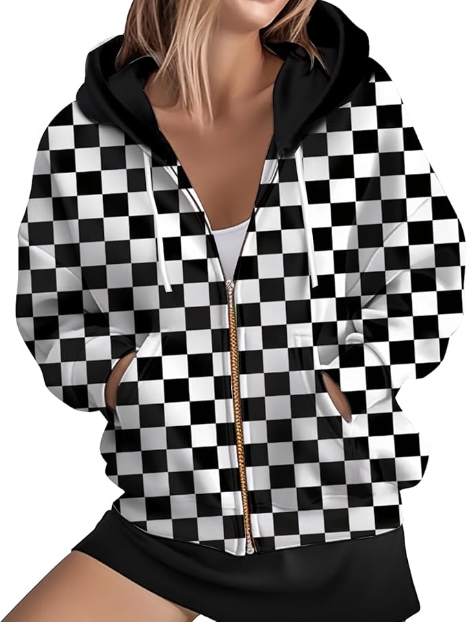 Women's Zip Front Plaid Sweatshirts Print Hoodie Fall Jackets Long Sleeve Casual Drawstring Clothes
