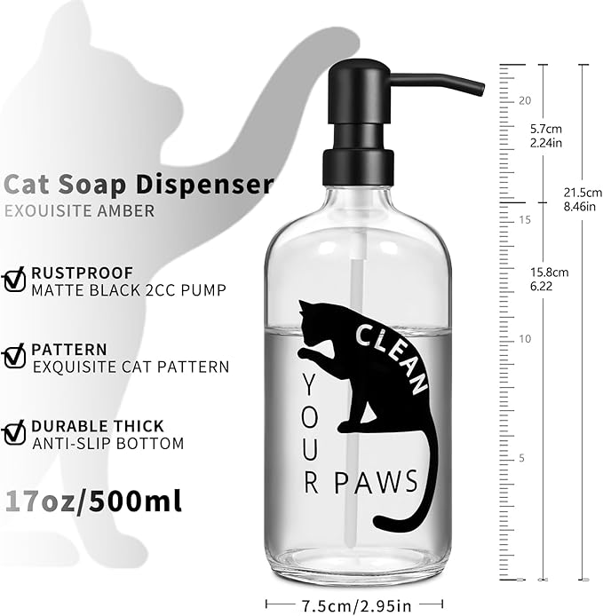 Black Cat Soap Dispenser 17 oz Clear Glass Hand Soap Bottle with 304 Stainless Steel Pump for Bathroom or Kitchen Countertop Cat Lover Gift Idea
