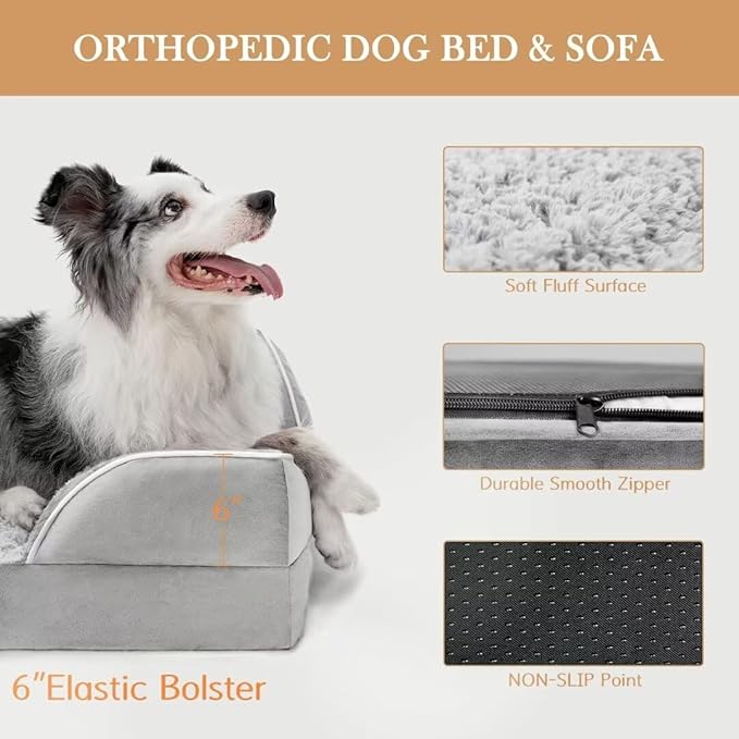 Comfort Expression Orthopedic Dog Bed for Extra Large Dogs 53x42 Inch, Waterproof Supportive Memory Foam XXL Pet Bed with Removable Bolster, Dog Couch with Washable Cover & Non-Slip Bottom, Light Grey