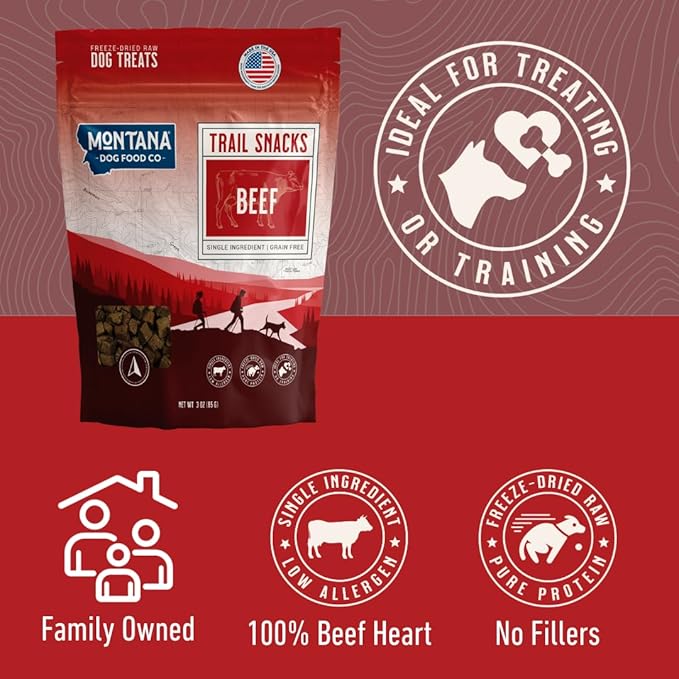 MONTANA DOG FOOD CO. Freeze-Dried Beef Heart Dog Treats (Trail Snacks) – 100% Natural, Single Ingredient, High Protein, Grain-Free, Made in USA – 3 oz Bag
