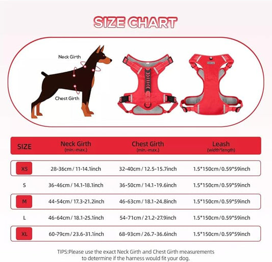 Dog Harness No Pull Adjustable Reflective,for Medium and Large Small Dog with Leash 59.06in (Red, S)