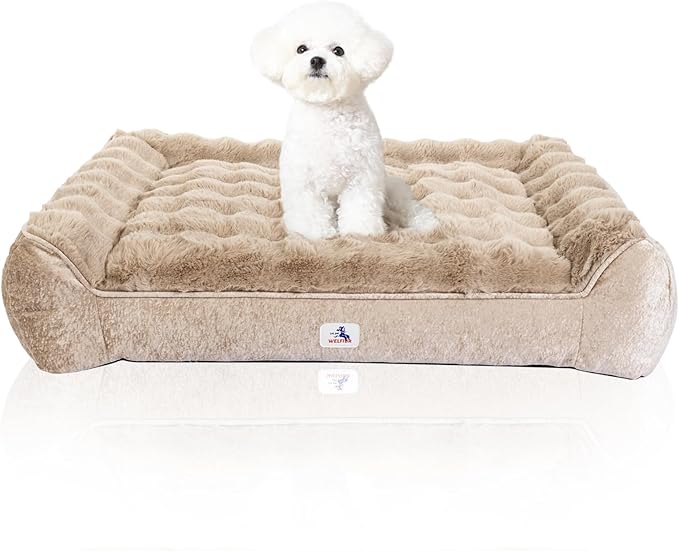Orthopedic Dog Bed for Large Dogs - 35" Faux Fur Pet Couch with Removable Washable Cover, Nonskid Bottom, Supportive Foam, Comfortable Dog Sofa Bed for Medium Large Dogs, Taupe