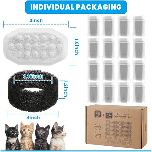 32 PCS Cat Water Fountain Filter for 108oz/3.2L Stainless Steel Dispensers – 16 Pack Replacement Filters for Pet Fountains – 16 Carbon + 16 Sponge – Improves Water Quality & Reduces Odors