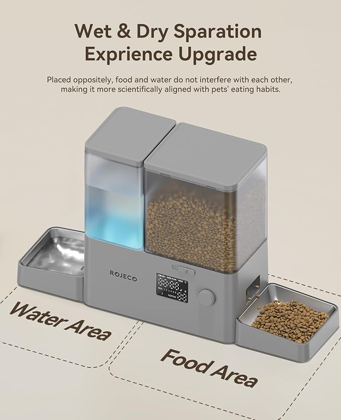 Rojeco 36Cups/8.5L Pet Automatic Cat Feeder and Gravity Water Dispenser,Stainless Steel Bowls 2-in-1 Set Large Capacity 5L Food Feeder and 3.5L Water Fountain for Cats,Pets,Small Dogs,Grey