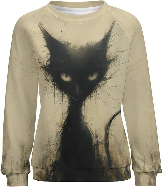 Biacolum Long Sleeve Shirts for Women Mid Century Retro Style Atomic Cat 3D Graphic Sweatshirts Fall Crewneck Pullover Top
