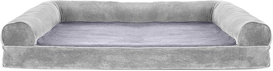 Furhaven Orthopedic Dog Bed for Large Dogs w/ Removable Bolsters & Washable Cover, For Dogs Up to 95 lbs - Faux Fur & Velvet Sofa - Smoke Gray, Jumbo/XL