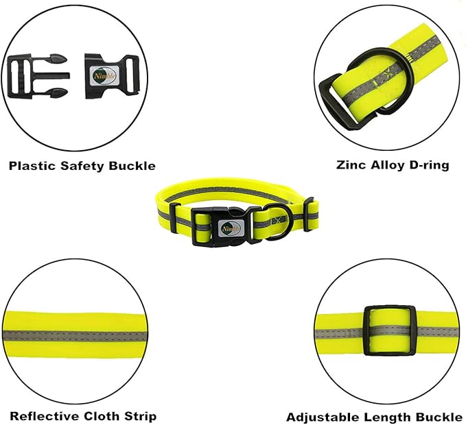 NIMBLE Dog Collar Waterproof Pet Collars Anti-Odor Durable Adjustable PVC & Polyester Soft with Reflective Cloth Stripe Basic Dog Collars S/M/L Sizes (Small (9.45”-14.17”inches), Fluorescent Yellow)