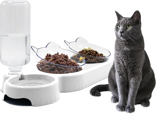 Triple Dog 3-in-1 Tilt Cat Bowls - Double Food Bowls with Automatic Water Bottle, Removable Wet & Dry Food Bowl Set for Small Cats & Puppies (White)