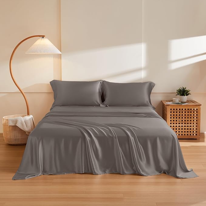 THXSILK Silk Sheet Set 4Pcs, 6A+ Top 100% Natural Mulberry Silk Bed Sheets, Breathable Cooling Luxury Bedding Sets Ultra Soft Durable, 1 Fitted Sheet, 1 Flat Sheet and 2 Pillow Shams (King, Charcoal)