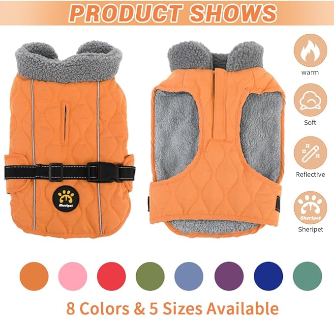 Dog Coats, Fleece Lining Winter Coats for Dogs, Adjustable Windproof Pet Cold Weather Coat, Quick Release Buckle Puppy Jacket for Small Medium Large Dogs, Orange S