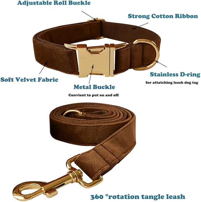 Love Dream Velvet Dog Collar and Leash Set, Soft & Comfy Adjustable Dog Leash and Collar with Heavy Duty Metal Buckle for Small Medium Large Dogs Training & Walking (Small, Coffee)