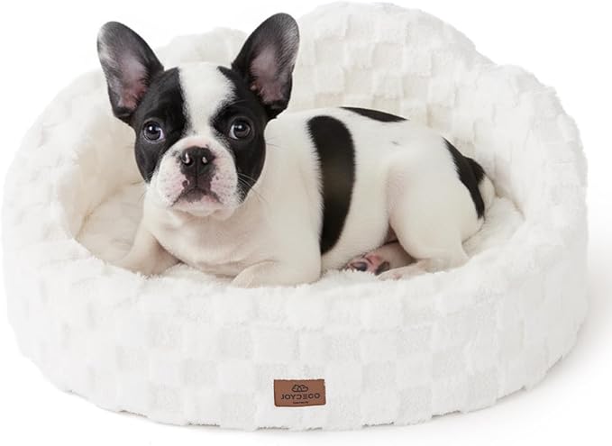 Joydeco Dog Bed for Small Dogs & Cats, Washable Cloud Pet Bed with Orthopedic Foam and Removable Checkered Plush Pad, Non-Slip Bottom for Indoor Puppies and Kittens, 27x24 Inch, White