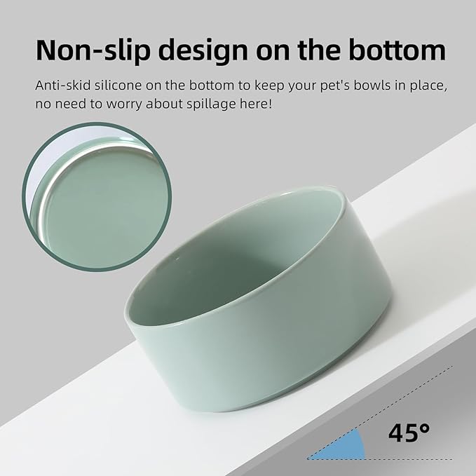 Ceramic 7.3inch Dog Bowl, Food and Water Bowl for Medium Breed Dog, Pet Feeder for Replacement (Single Bowl, Light Green)
