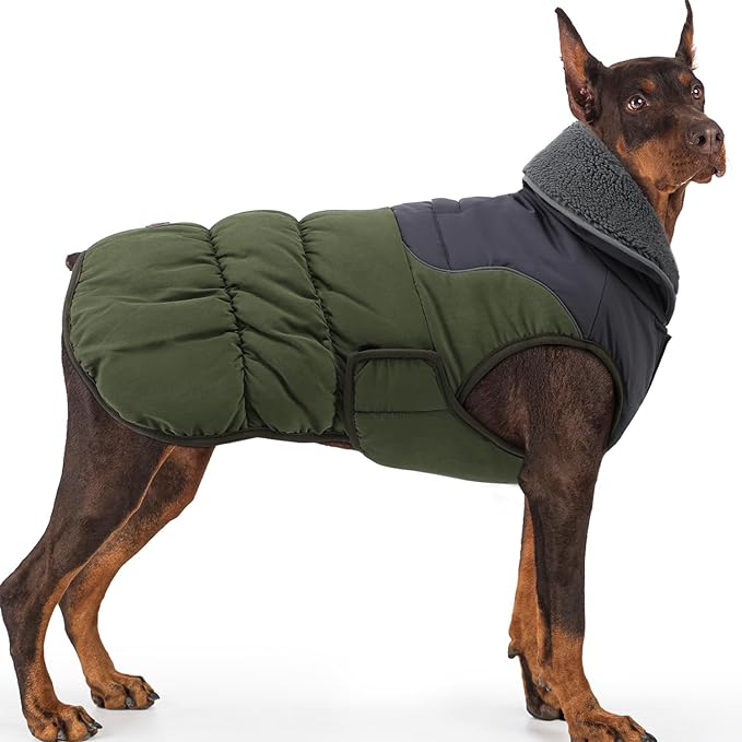 EMUST Dog Coats for Medium Dogs M, Waterproof Dog Jacket with Reflective Strips, Warm Pet Vest Snowsuit with Foldable High Collar for Cold Winter, Green