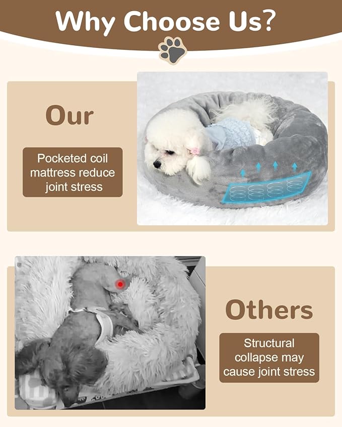 Donut Dog Bed with Pocketed Coils and Soft Foam Support, Detachable Washable Calming Puppy Bed for Small Dogs, Round Flannel Anti-Anxiety Pet Bed, 20 in, Gray