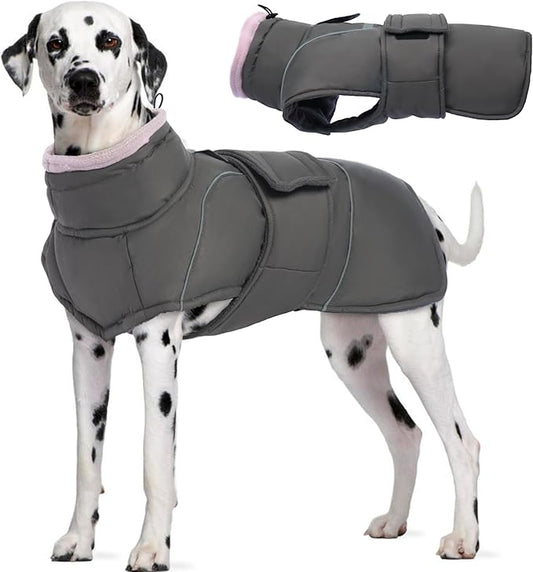 Waterproof Warm Dog Coat Winter Dog Jacket | Windproof Cold Weather Coats with Collar Drawstring, Reflective Thick Fleece Vest Suitable for Walking Dogs at Night, Grey, L