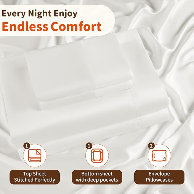 LBRO2M 100% Mulberry Silk Satin Sheets Set Queen Size Silk Fitted Sheet16 Deep Pocket Cool Bedding Sheet 4 Piece Wrinkle Resistant (Queen, White)