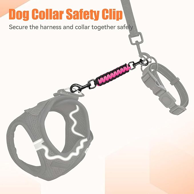 Dog Collar Safety Clip, Collar Companion, Handmade Backup Safety Strap, Double-Ended Clip Leash Connector, Suitable for Dog Harnesses, Prong, Pinch Collars (Black,Pink, 1 Pack)