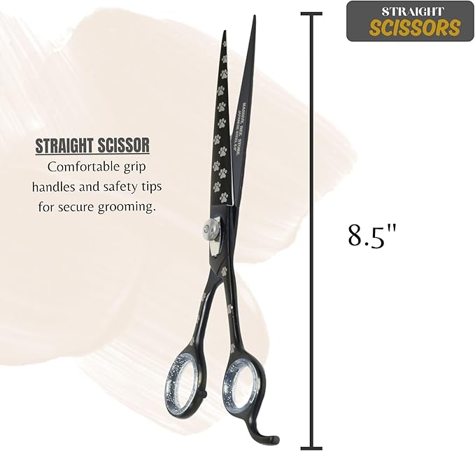 Pet Grooming Scissor Dog Blade scissor Pet Grooming Scissors Dog Hair Cutting Shears with Bag for Professional Right Hand Pet Groomer (Black Straight, 8.5")