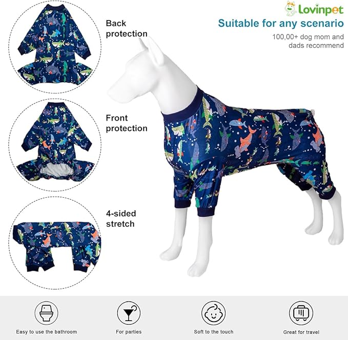 LovinPet Dog Sweatshirt, PjS for Surgery Recovery, Ocean Blue Shark Print, Large Dog Pjs, Lightweight Uv Protection Shirt,Easy to Wear Dog Jumpsuit, Medium