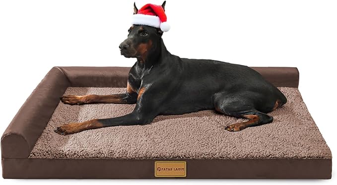 Patas Lague Orthopedic XL Dog Bed Large Sized Dog 48''X30'', Waterproof L Bolster Big Large Pet Sofa Beds with Removable Washable Cover, Soft Comfortable Pet Couch Crate Mat with Nonskid Bottom, Brown