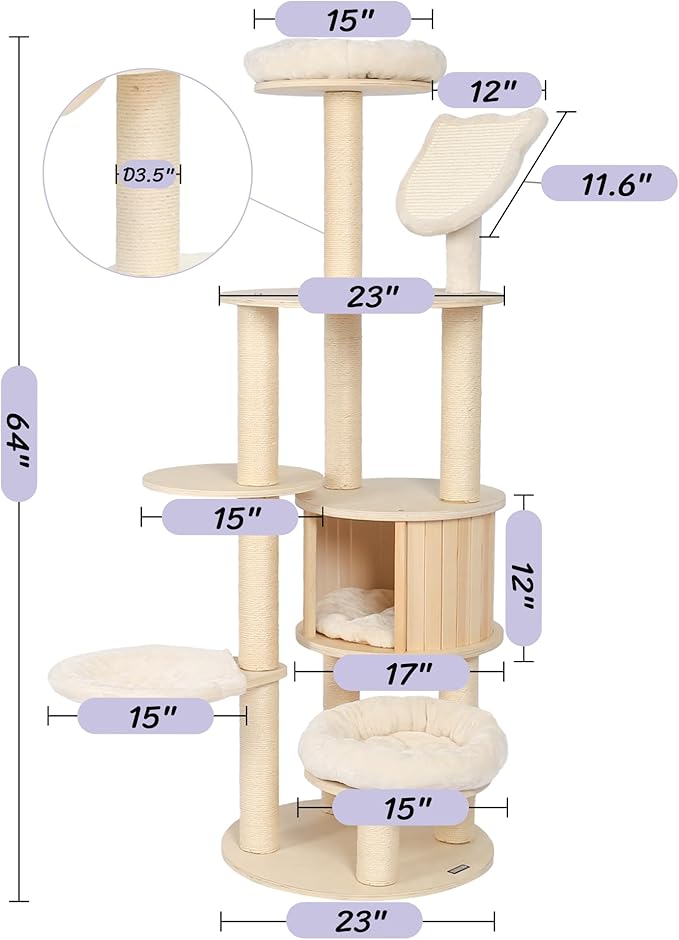 KAMABOKO 64" Tall Cat Tree - Wooden Cat Trees Tower with Cat Condo, Hammock & Top Perch, Modern Tall Cat Tree w/Natural Sisal Posts for Climb Scratch Play Rest